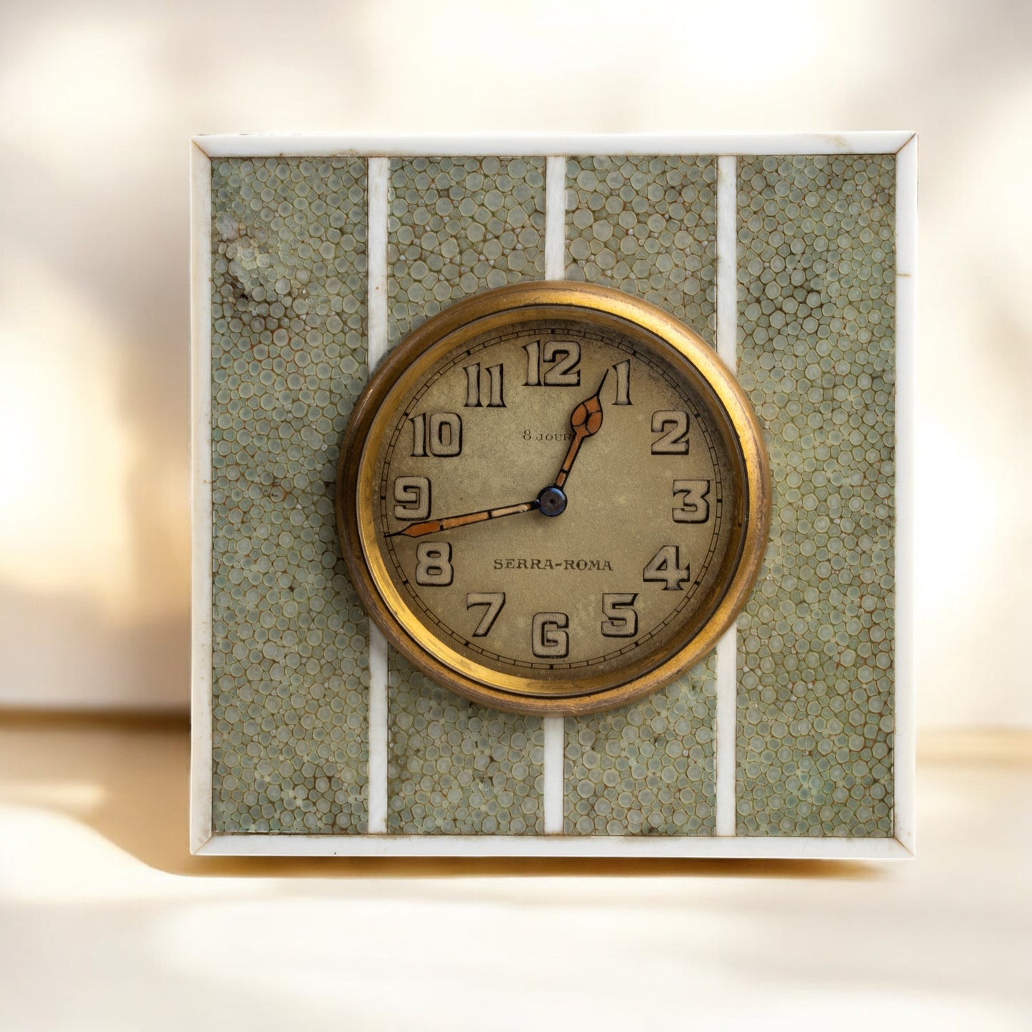 Beautiful Art Déco Shark skin & Marine Ivory 1920s Table Clock /Horloge de table/Tischuhr Rare