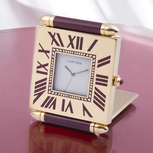 Cartier Rare Cadrant Bordeaux Desk Clock 1990' in its original Cartier box