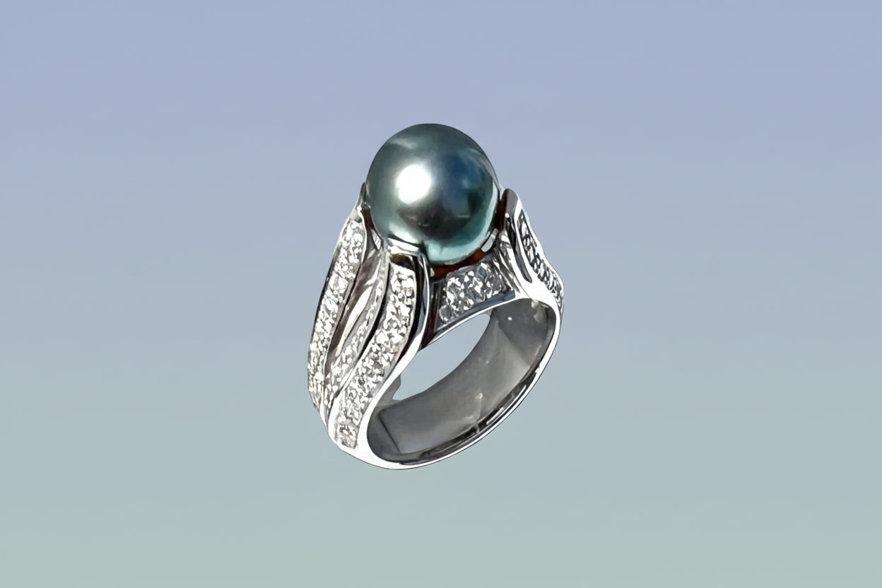 18k White Gold Ring Tahiti pearl & diamonds NEW