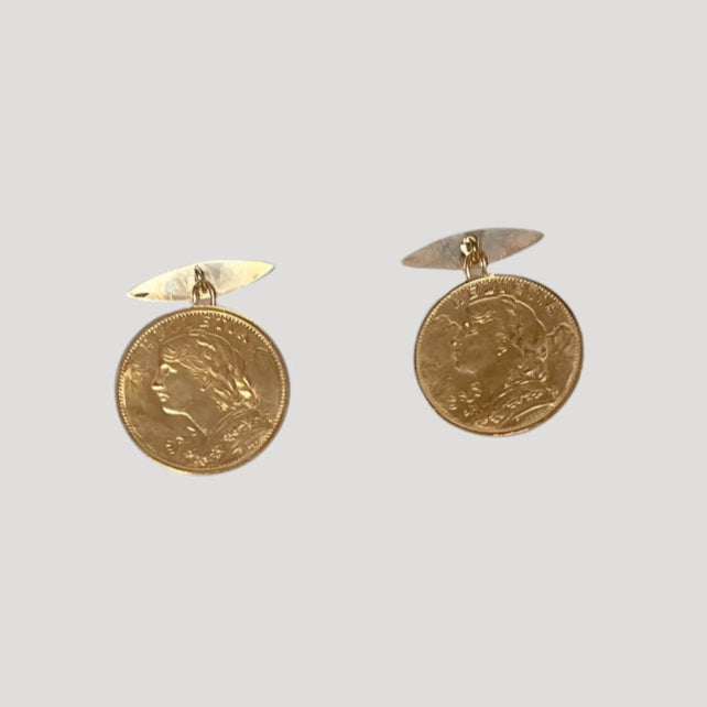 21.6 K Gold Vreneli Helvetia Coin Cufflinks / Boutons manchettes /Manschettenknöpfe Rare