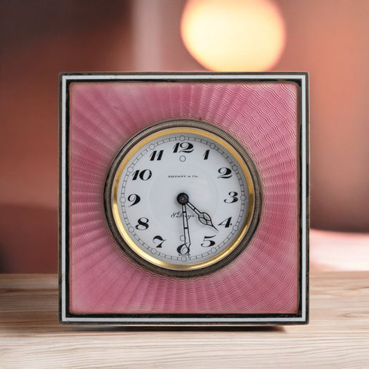 Tiffany & Co. Art Déco table clock in sterling silver with enamels, 1920s, 24time