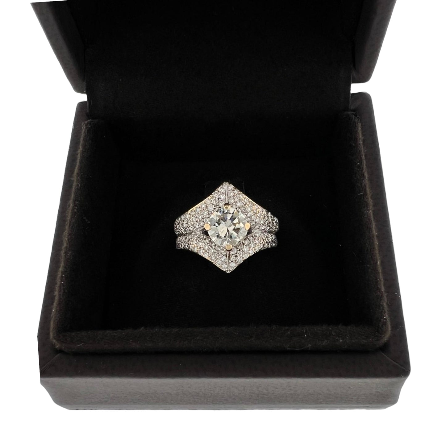 Design Solitaire 1kt fancy yellow diamond paved with ca.180 white diamonds 18k White Gold Ring