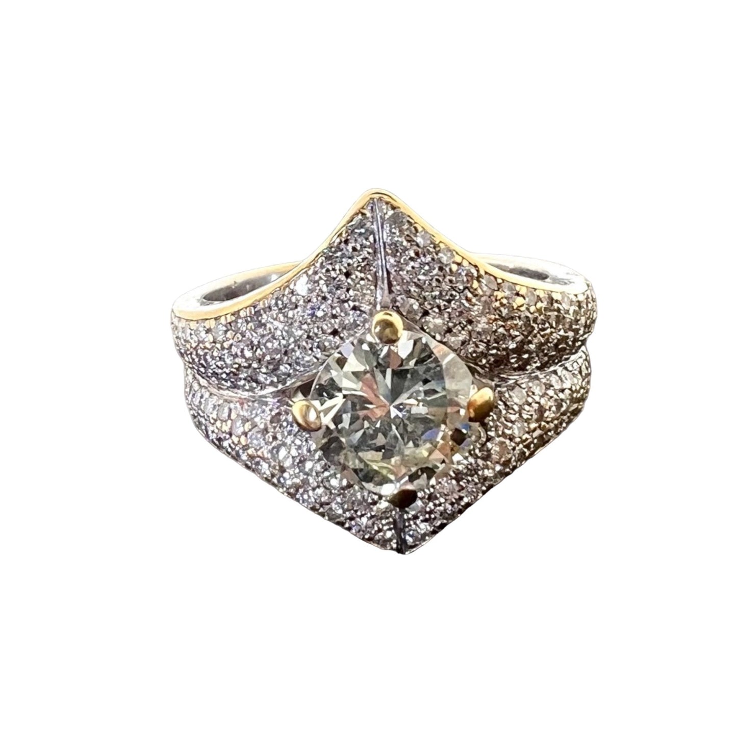 Design Solitaire 1kt fancy yellow diamond paved with ca.180 white diamonds 18k White Gold Ring