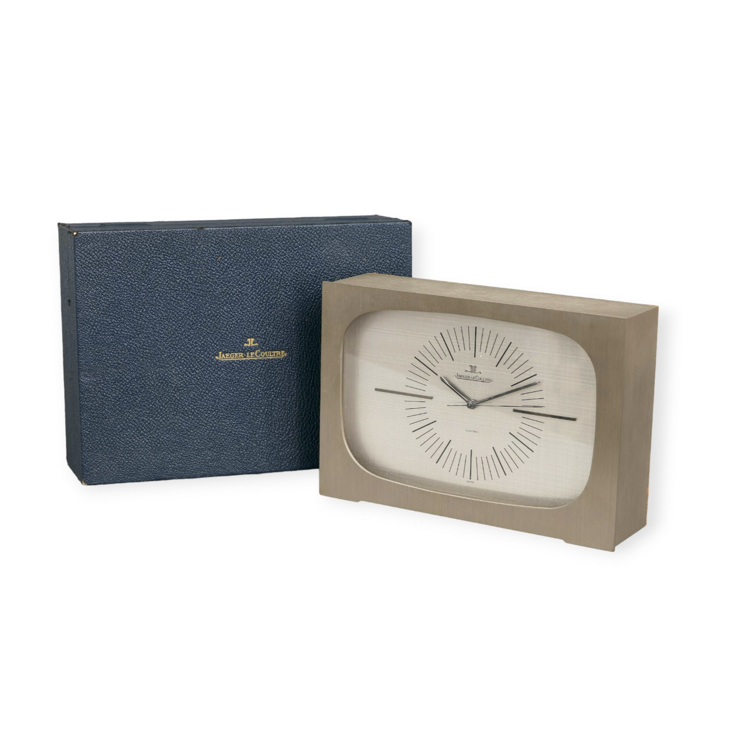 Jaeger-LeCoultre Steel Big Electric Table Clock Horloge de table Tischuhr in its original box ca 1960