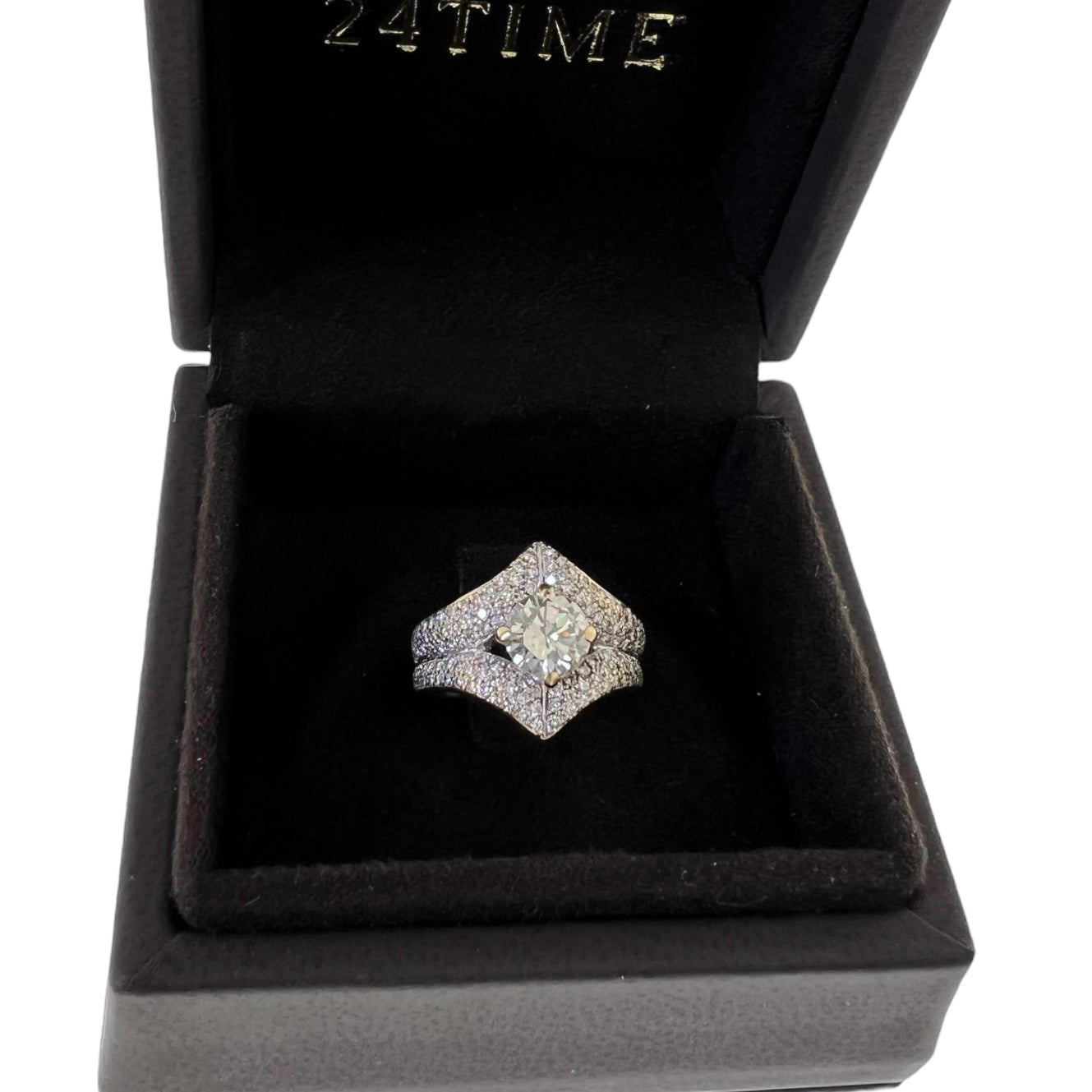 Design Solitaire 1kt fancy yellow diamond paved with ca.180 white diamonds 18k White Gold Ring