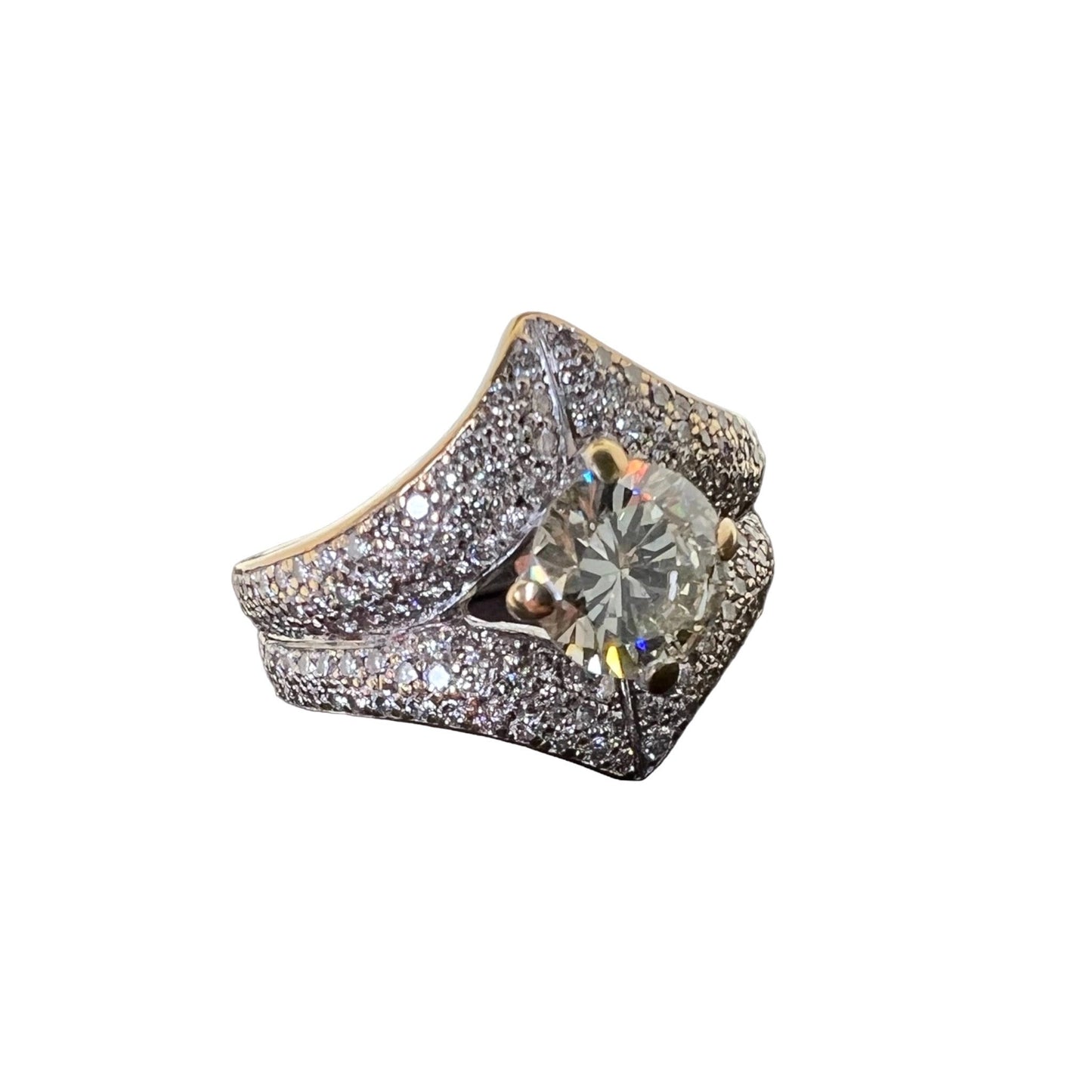 Design Solitaire 1kt fancy yellow diamond paved with ca.180 white diamonds 18k White Gold Ring