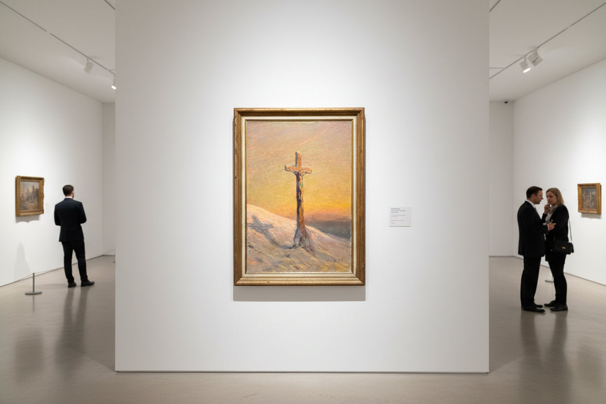 Albert Gos Signed Important Large Painting Tableau Gemälde, 'Croix de calvaire enneigée'