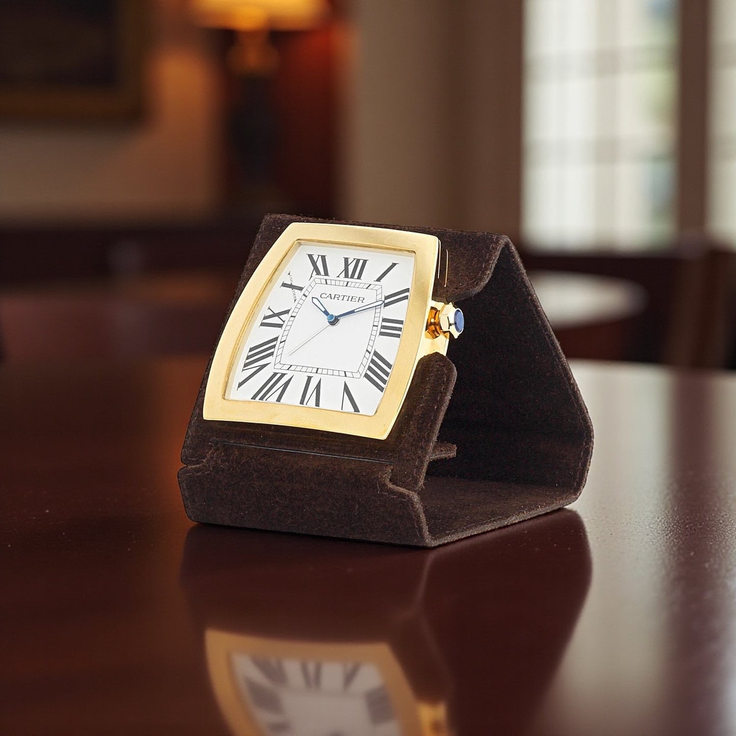 Cartier 'La Dona' Alarm Folding Desk & Travel Clock Horloge in Gilt Brass & Leather