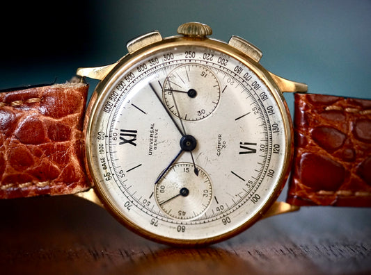 Large Universal Geneve Chrono Compur 30 Vintage 18K Gold Rare