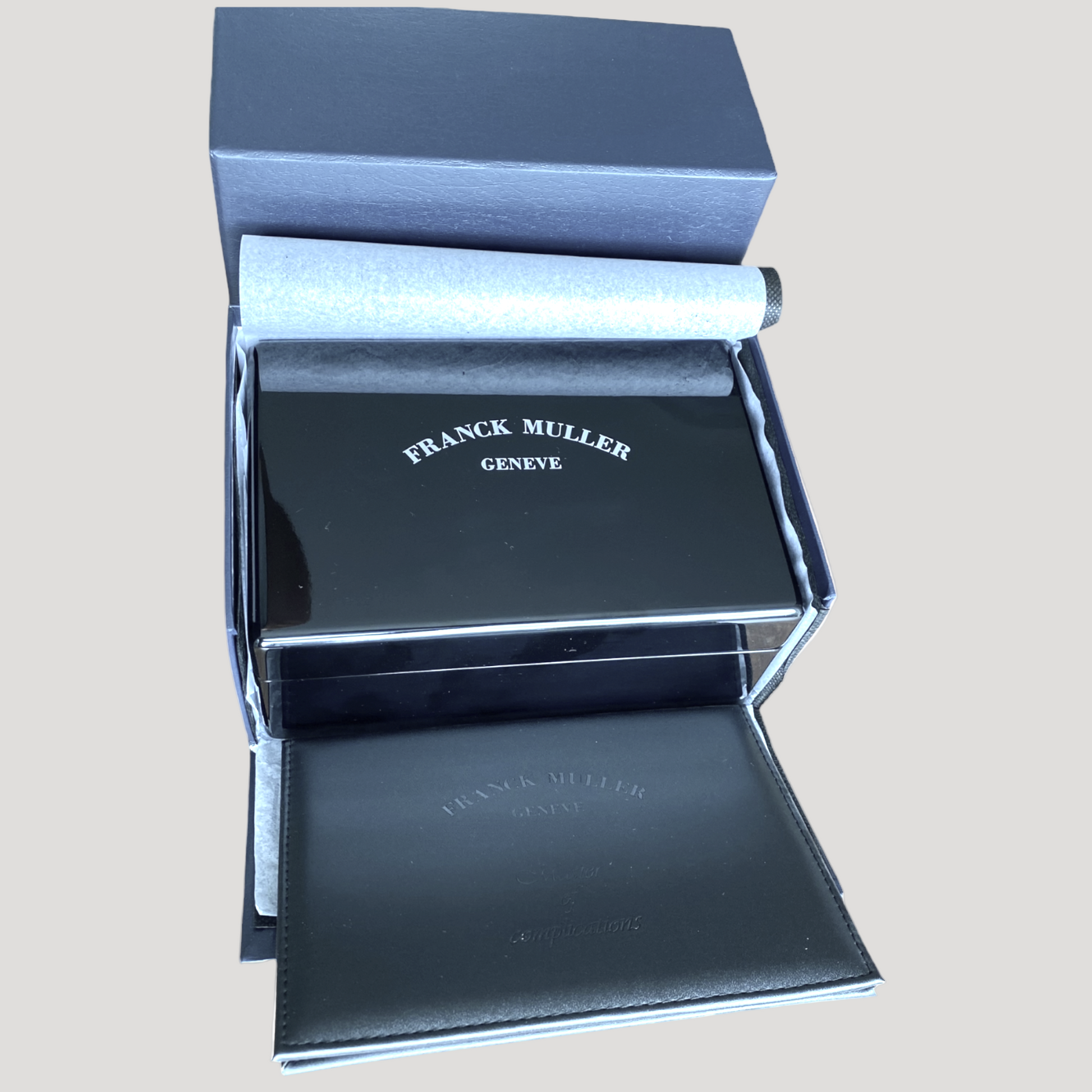 Franck Muller New Woden Box / Boite/ Schachtel/ Scatola with its outer box & etui/ port document