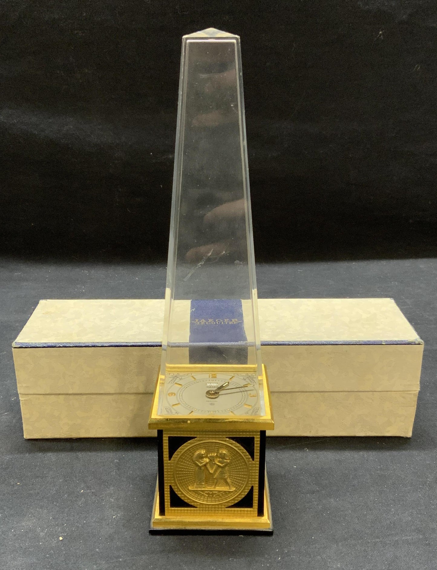 Jaeger-LeCoultre Rare 8 Days Egyptian Obelisk Clock in its original box 1950'