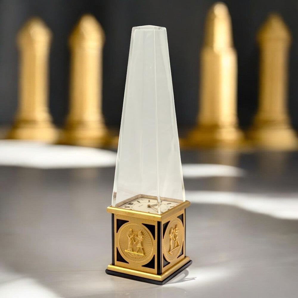 Jaeger-LeCoultre Rare 8 Days Egyptian Obelisk Clock in its original box 1950'