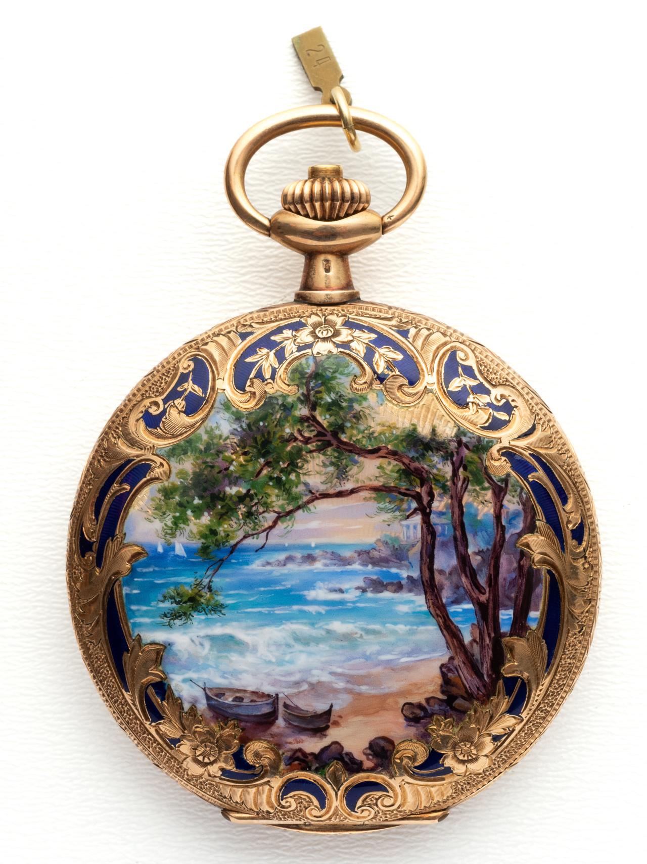 Omega Rare Gold Enameled Handcrafted Art Nouveau Pocket Watch ca 1915'