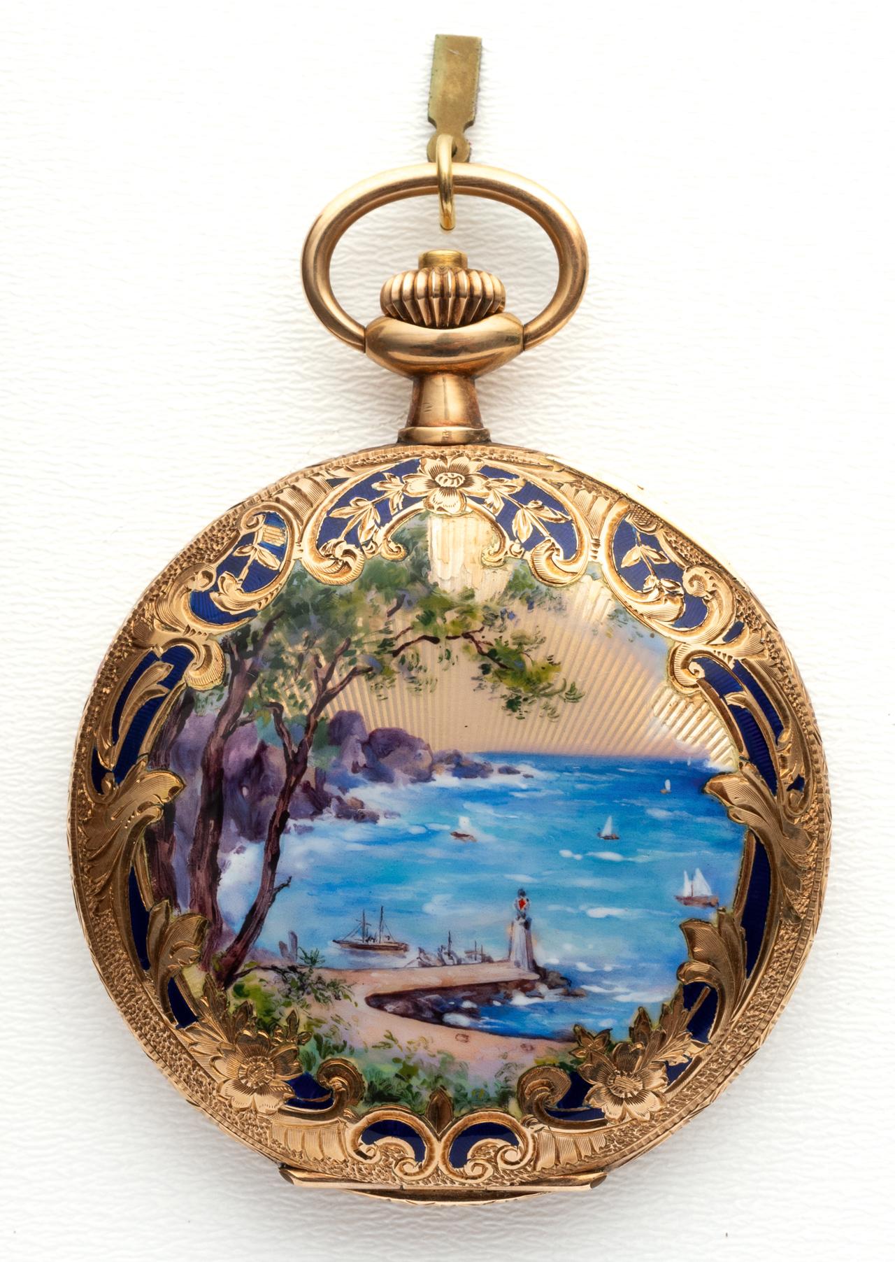 Omega Rare Gold Enameled Handcrafted Art Nouveau Pocket Watch ca 1915'