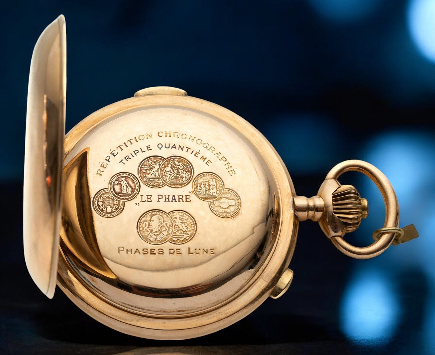 Le Phare (C. BARBEZAT-BAILLOT) Gold Quarter Repeater on bells Chronograph Triple Calendar Pocket Watch ca 1900