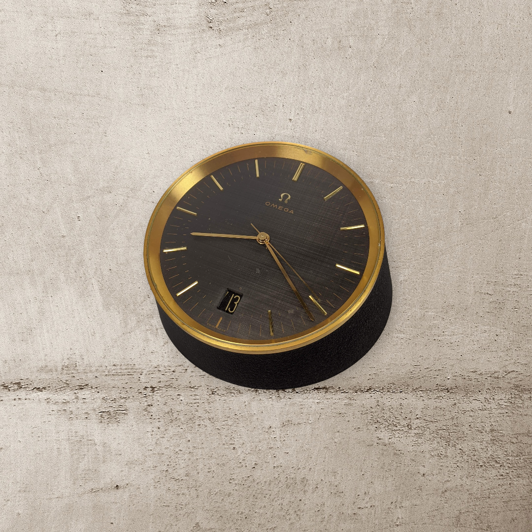 Omega, Modernist Brass & Black Metal Table clock