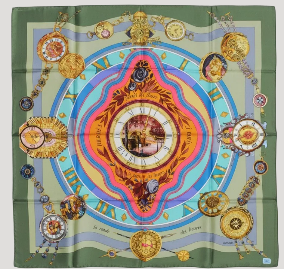 Hermès 'Parmis les fleurs je compte les heures' Silk Scarf/ Schal/ Echarpe 90 cm