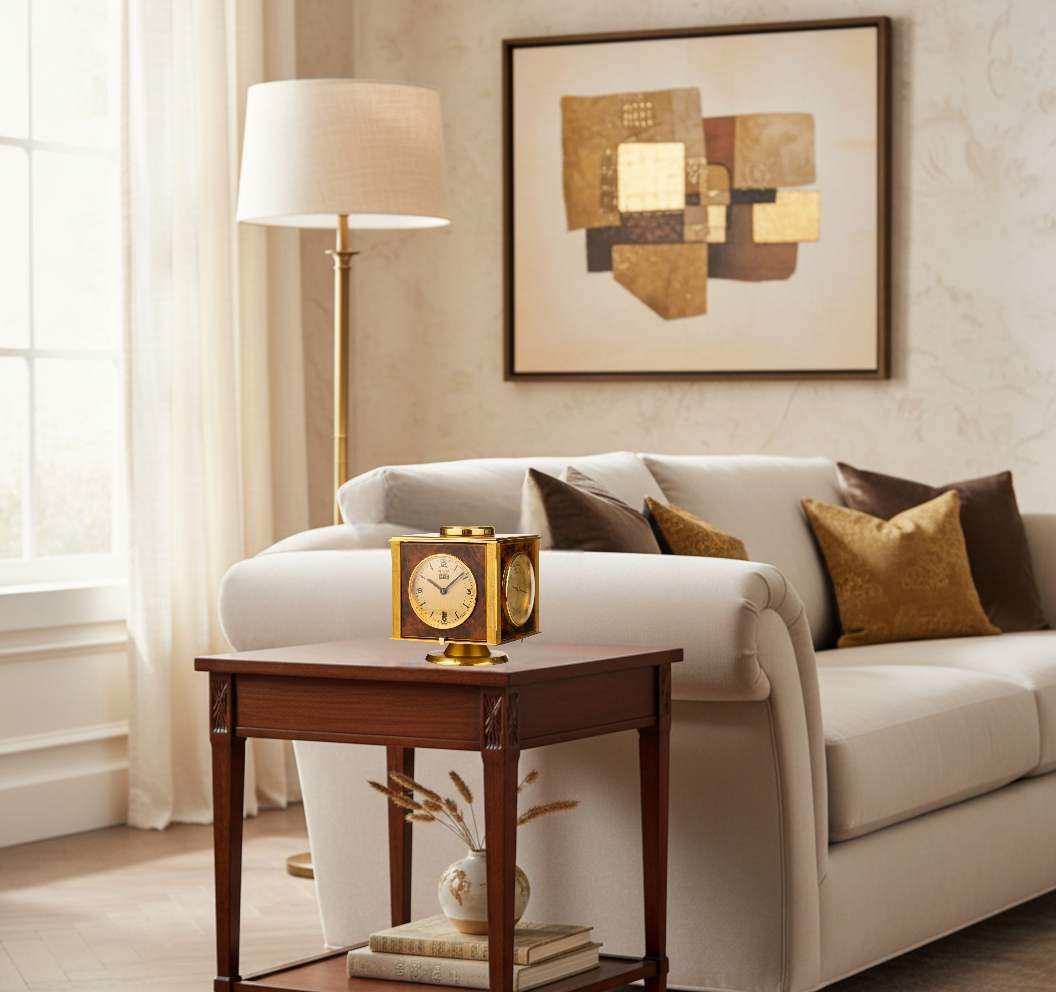 Hermes Barometer Desk Clock Horloge Tischuhr with Rotating square case 1980'