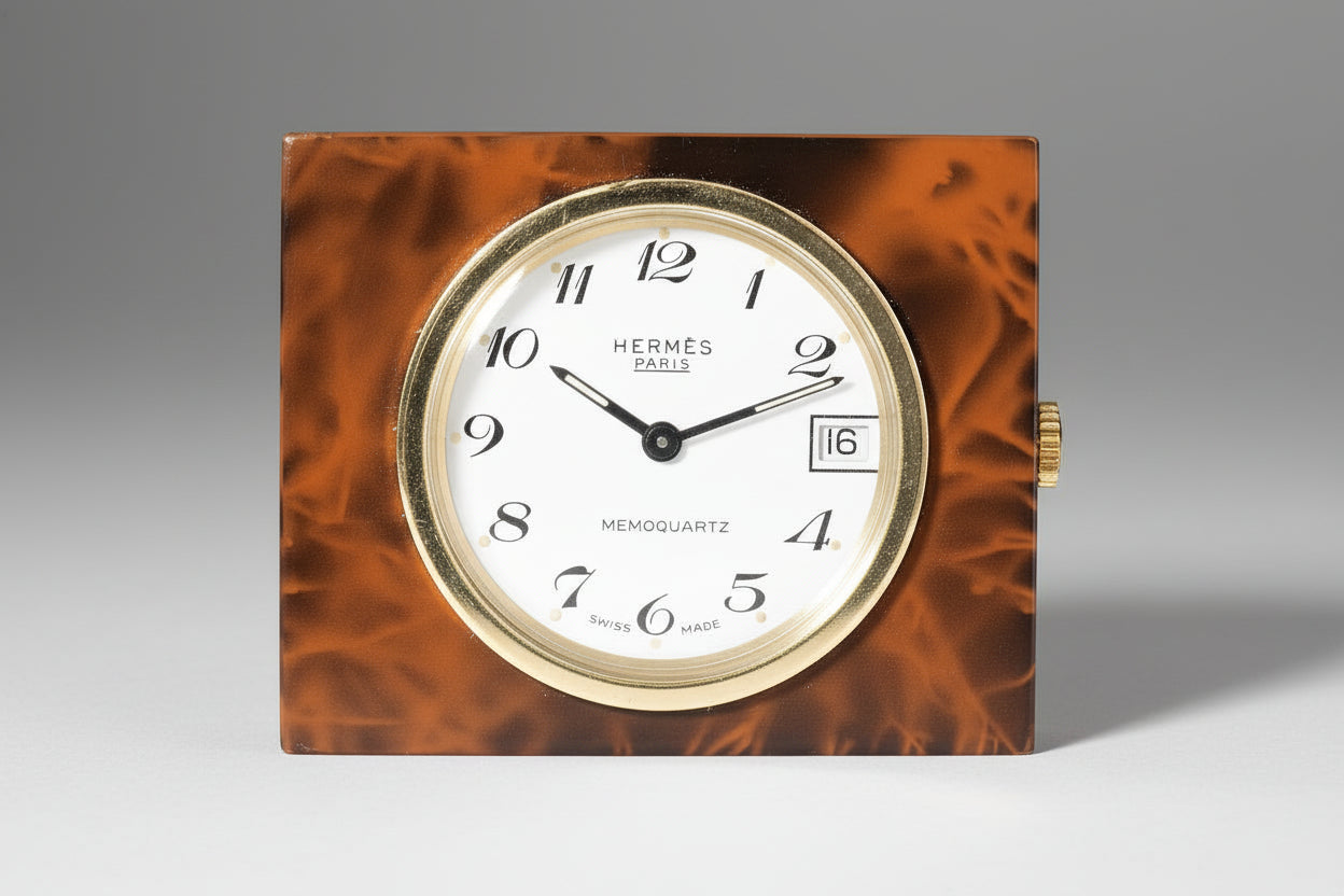 Hermes Paris Marbled Tortoiseshell-effect Travel Clock Horloge/ Reiseuhr in its original case