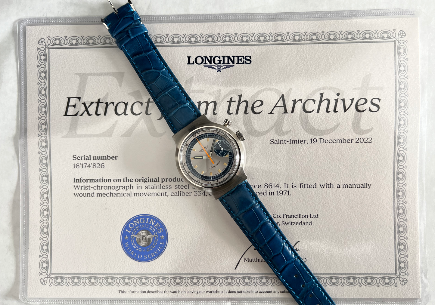 Longines Münich 1972’ Chronograph Valijoux 72 Vintage Collector Archives extract Ref. 8614