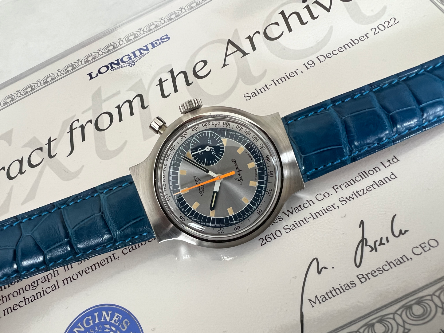 Longines Münich 1972’ Chronograph Valijoux 72 Vintage Collector Archives extract Ref. 8614