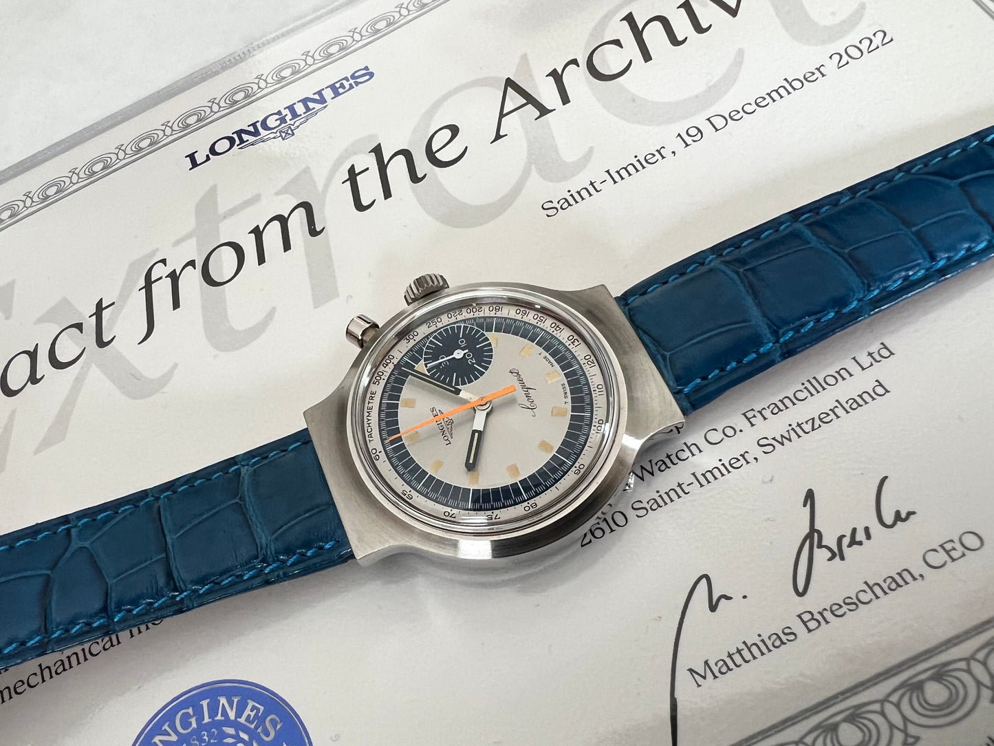 Longines Münich 1972’ Chronograph Valijoux 72 Vintage Collector Archives extract Ref. 8614