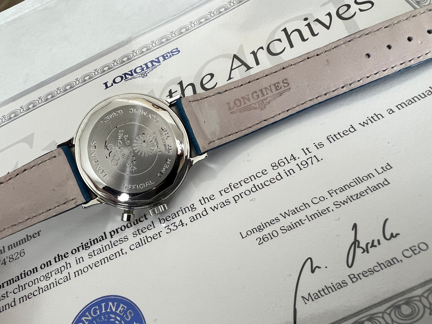 Longines Münich 1972’ Chronograph Valijoux 72 Vintage Collector Archives extract Ref. 8614