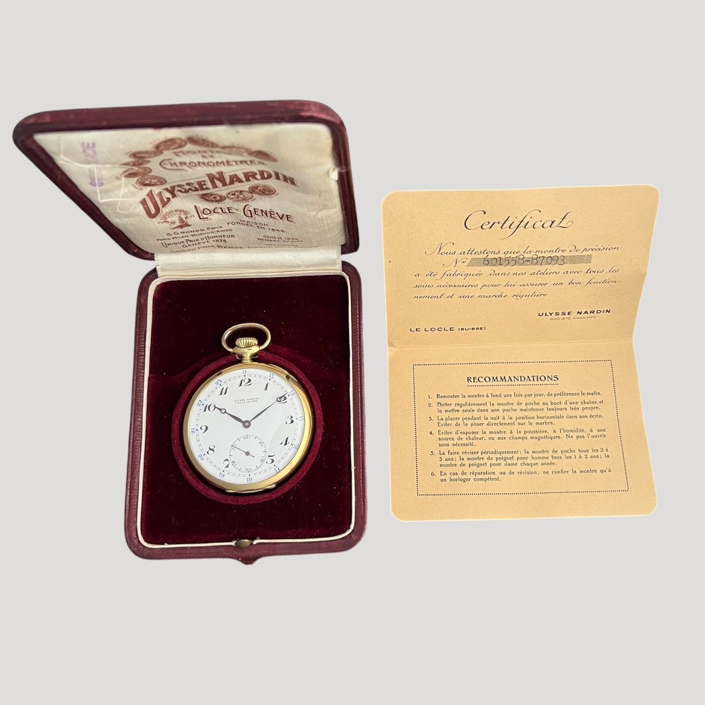 Ulysse Nardin 18k Gold Open Face Pocket Watch Full Set