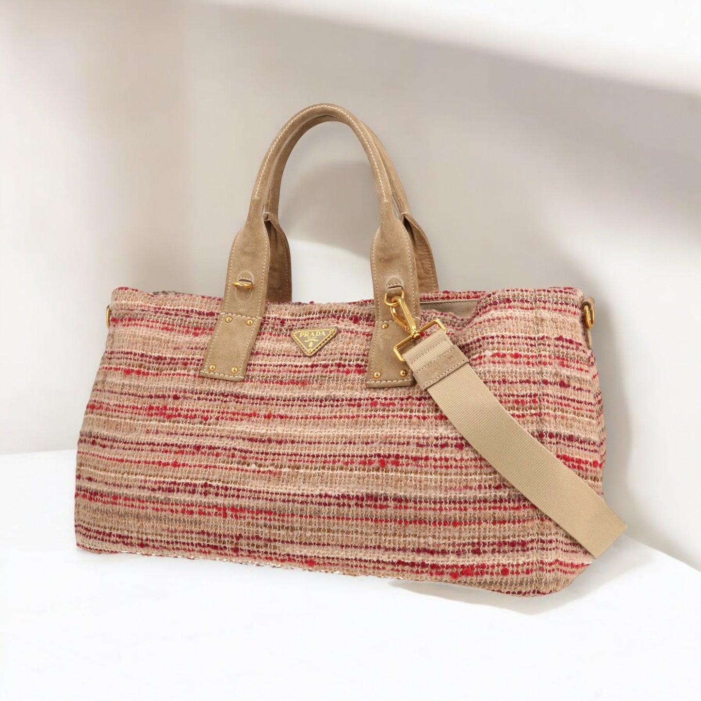 Prada pink & beige canvas and beige nubuck bag / sac / tasche
