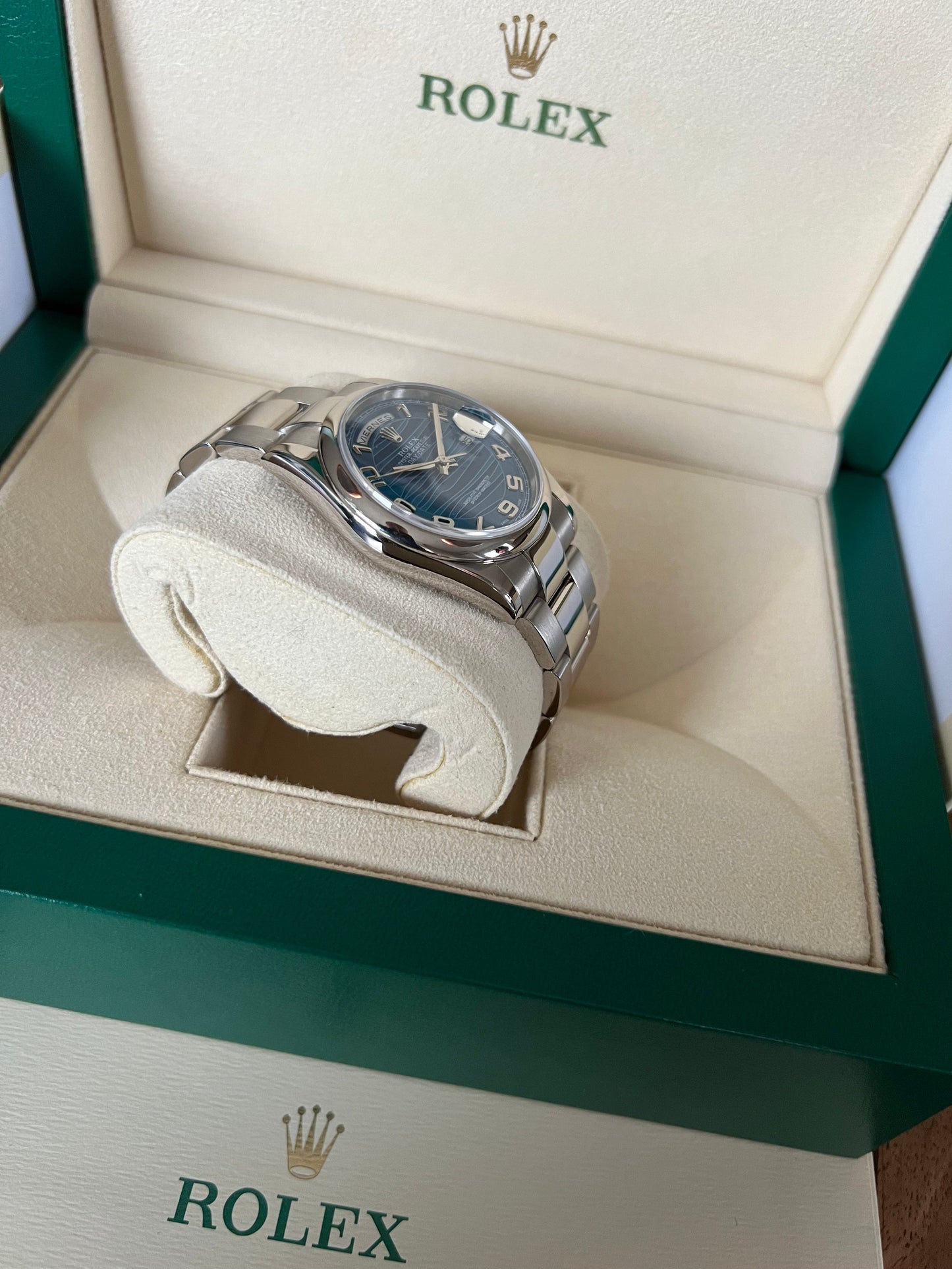 Rolex Day-Date 18K White Gold Blue Wave Dial Rare Ref. 118239, Full Set