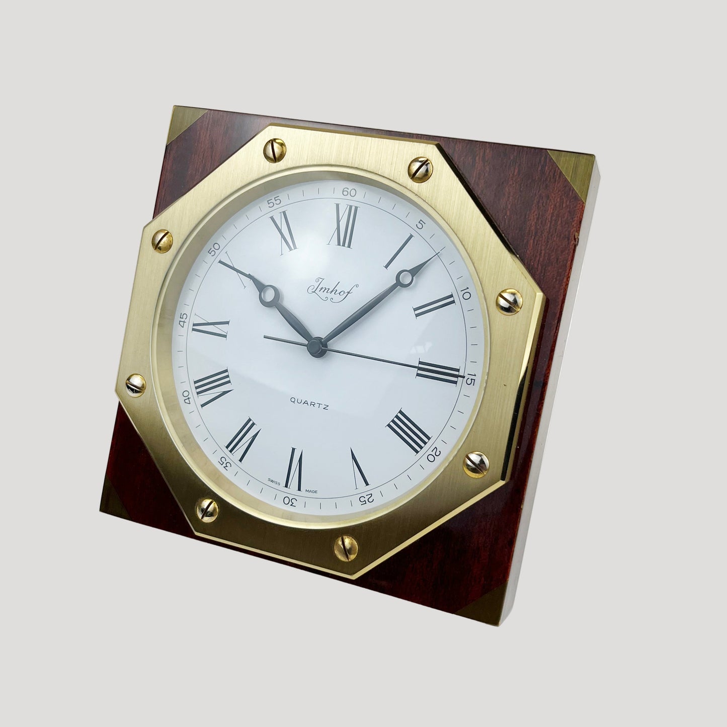 Imhof Swiss Wood & Gold Plated Metal Desk Clock / Horloge / Tischuhr