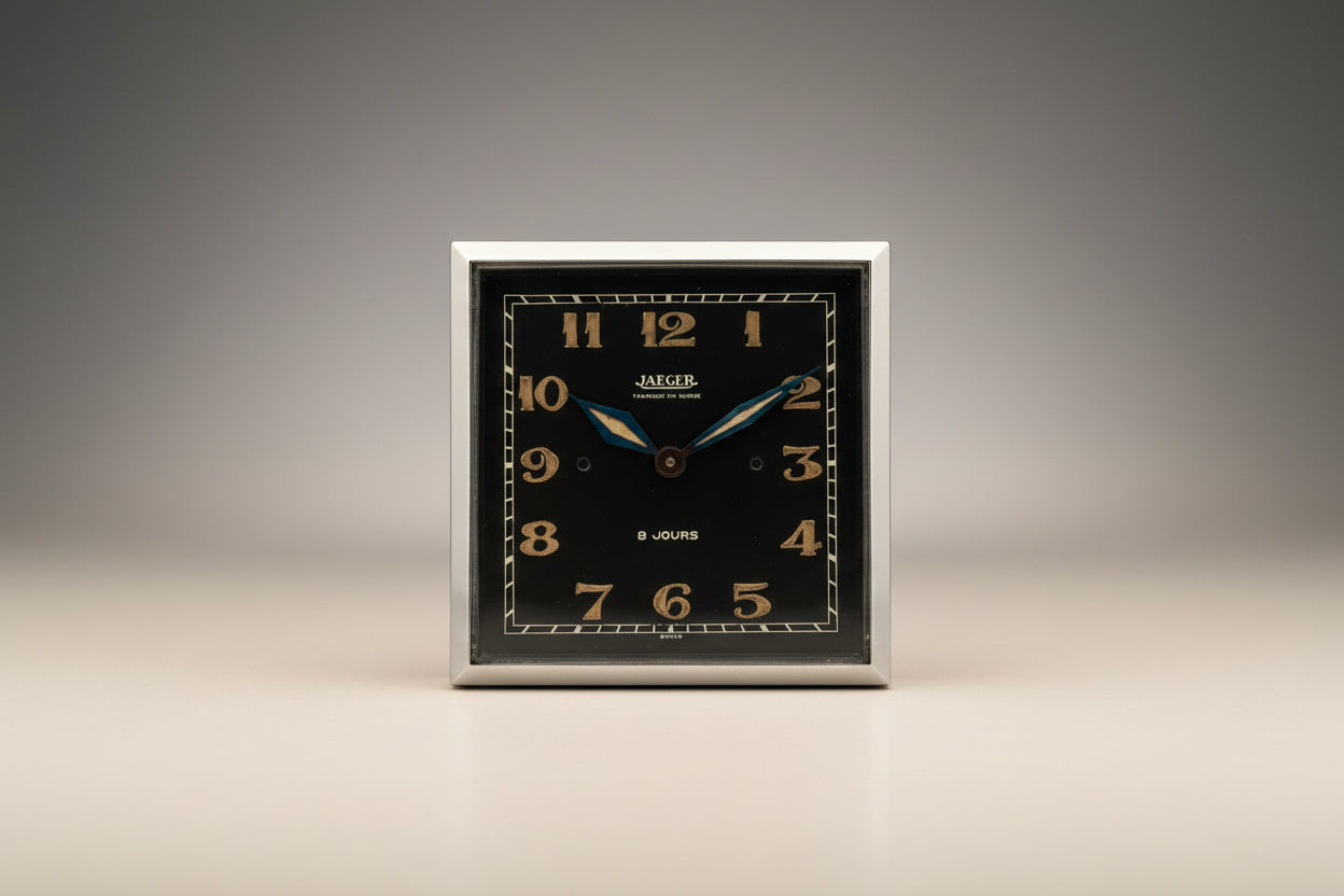 Jaeger Vintage 8 days manual wind black matte patina dial desk clock / horloge / tischuhr