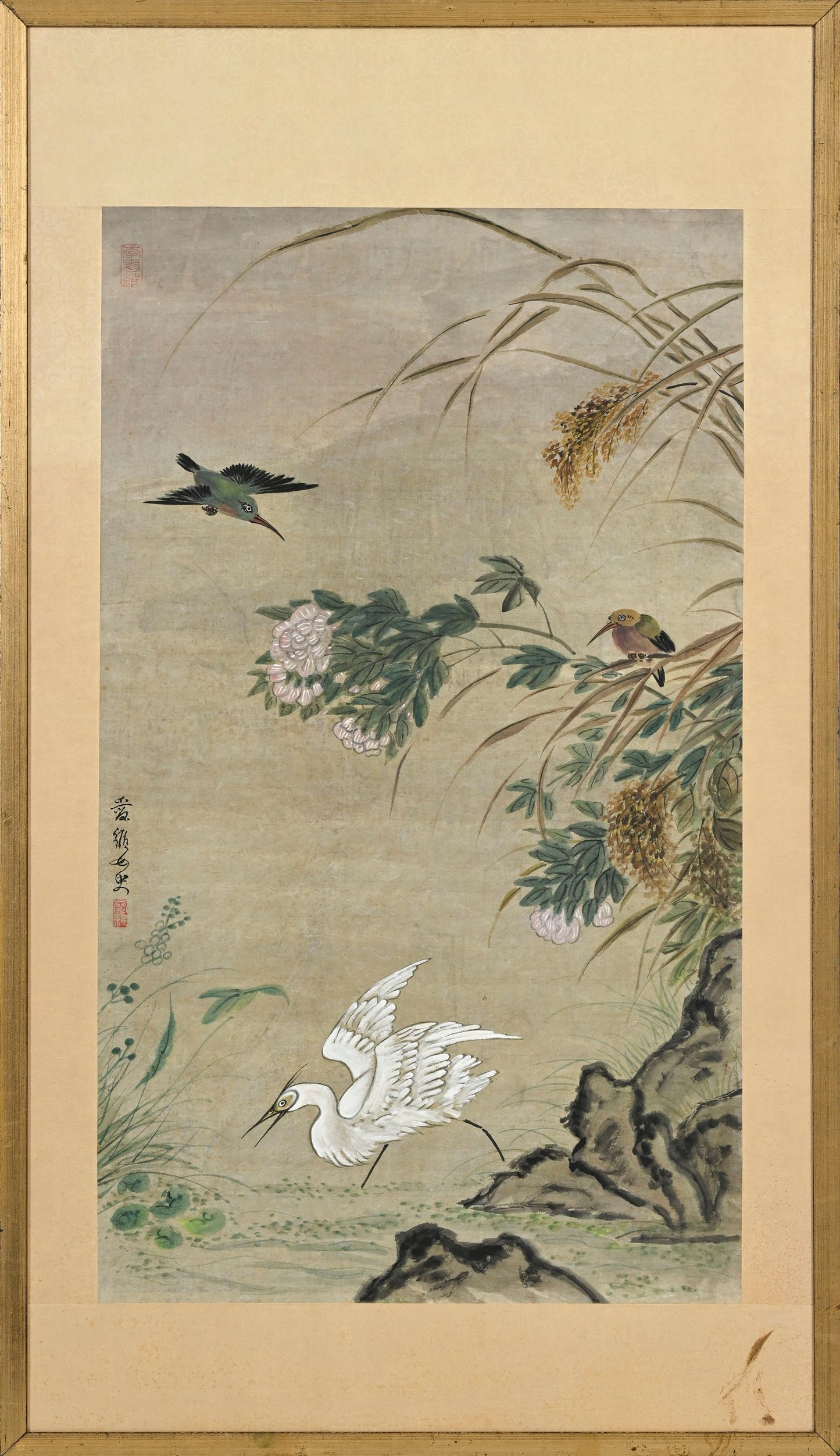 Li Ai Vee (1932–2021), Heron and Kingfishers, Painting on paper, 20th–21st century