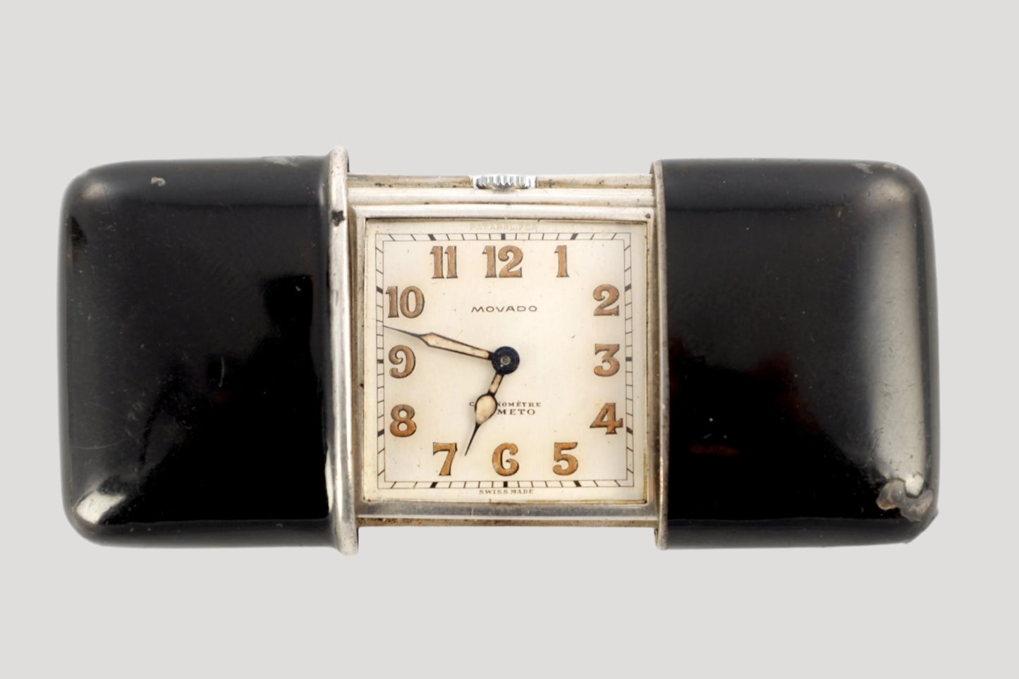 Movado Swiss Silver Enamel Desk Clock early 20c