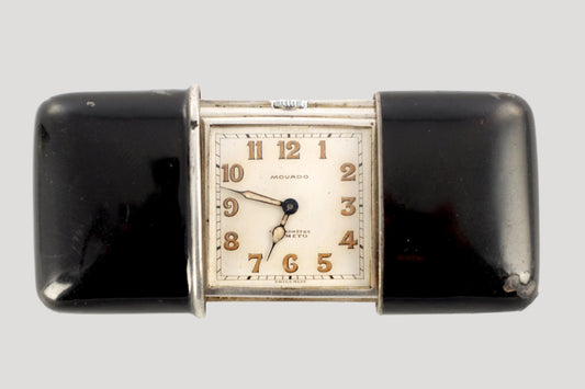 Movado Swiss Silver Enamel Desk Clock early 20c