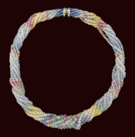 Multi-row Necklace / Collier of sapphire pearls, colored sapphires, and faceted emeralds