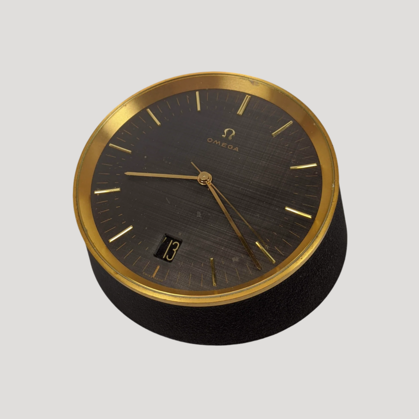 Omega, Modernist Brass & Black Metal Table clock