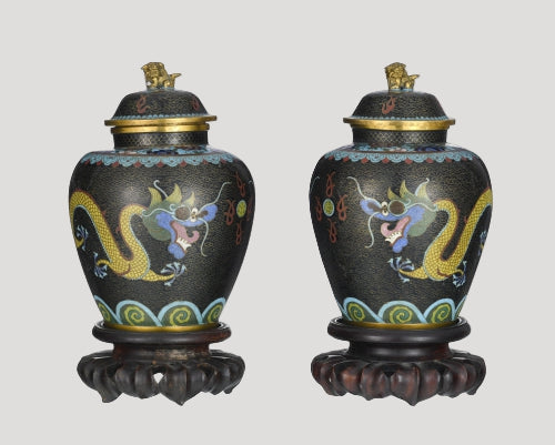 Pair of 2 cloisonné enamel vases, China, 20th c., dragon design, h. 20 cm