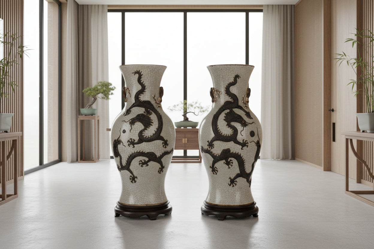 Pair of large ancient porcelain vases with dragons China 1850'