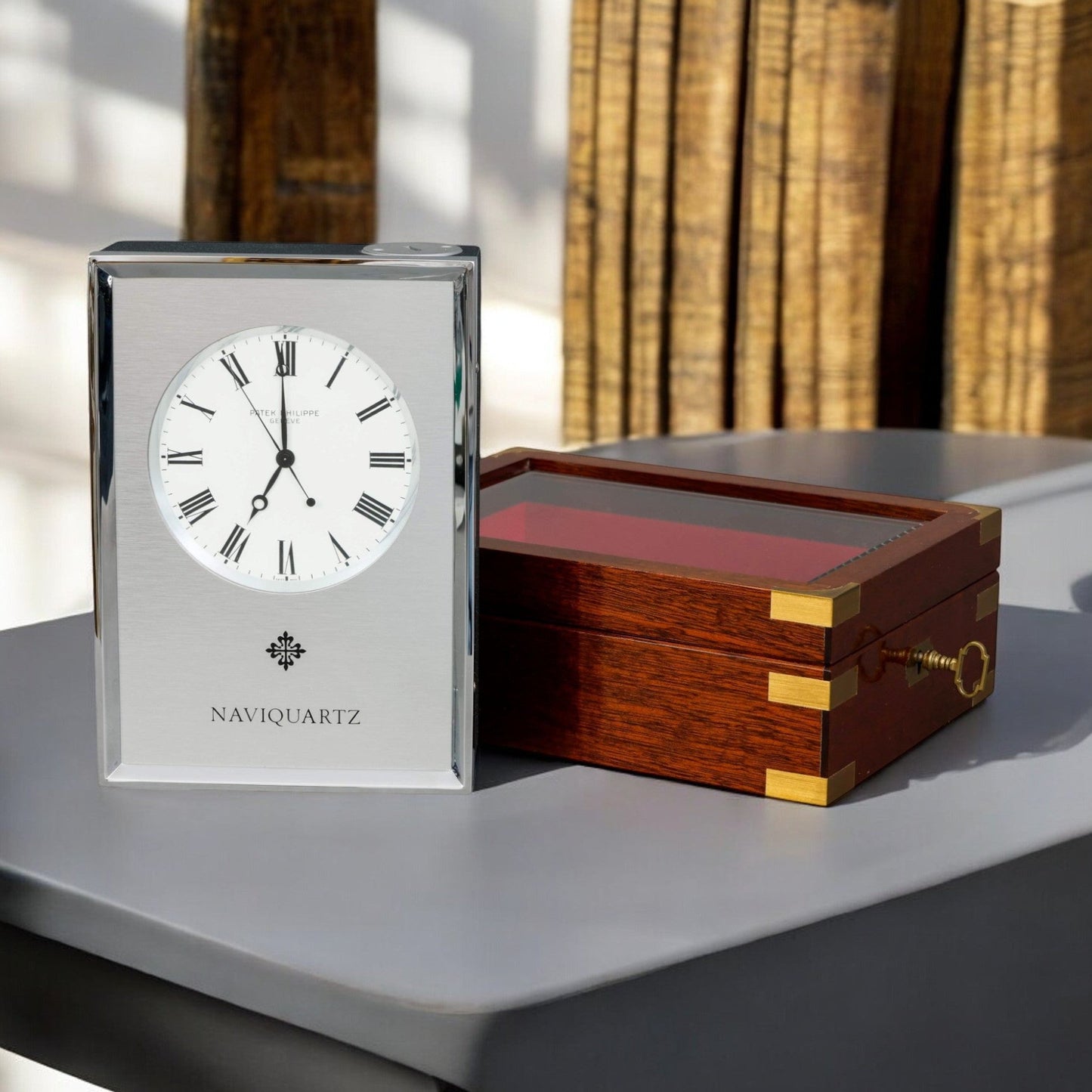 Patek Philippe Naviquartz Table clock in its original Patek mahogany case Ref. 1200 Rare