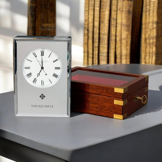 Patek Philippe Naviquartz Table clock in its original Patek mahogany case Ref. 1200 Rare