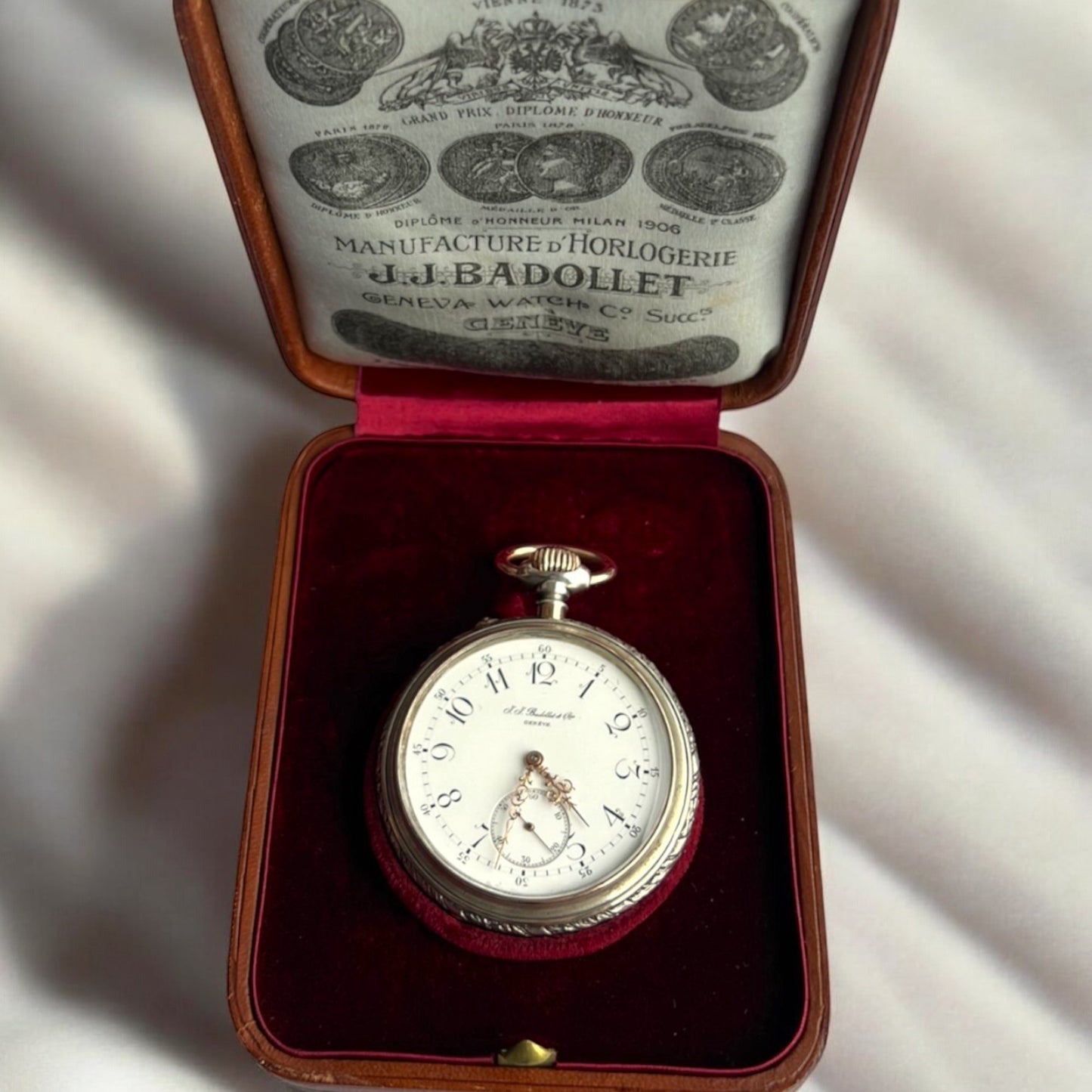 JJ Badollet & Co Genève 1887 Handcrafted Historical Vintage Rose Gold & Silver Pocket Watch /Taschenuhr Rare