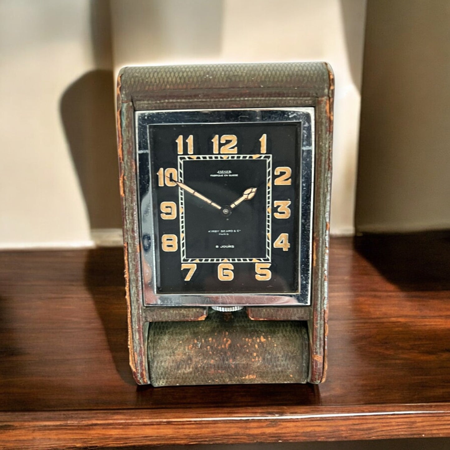 Jaeger-LeCoultre Ados double signed Jaeger and Kirby Beard & Co Vintage Table Clock/ Tischuhr/ Horloge 8 Days, Patina Dial 'Rare Collector'