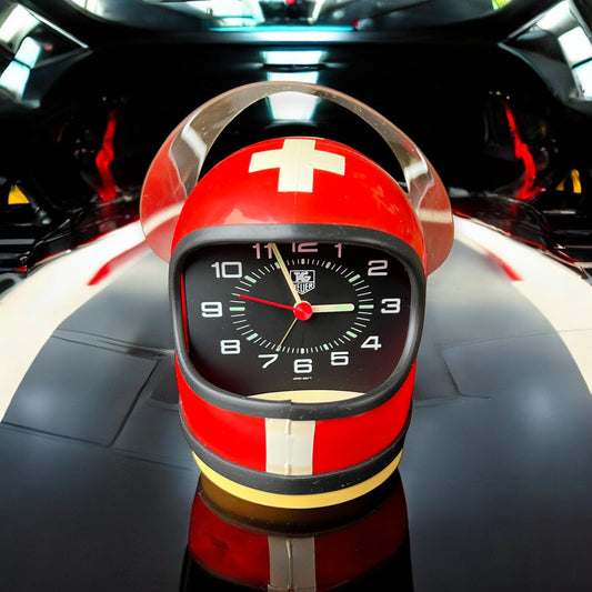TAG Heuer Vintage F1 Helmet alarm Desk Clock Swiss Flag Type Rare, Unique 1980'