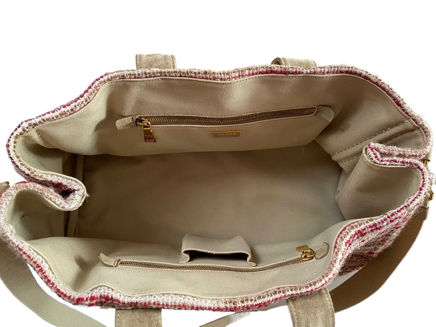 Prada pink & beige canvas and beige nubuck bag / sac / tasche