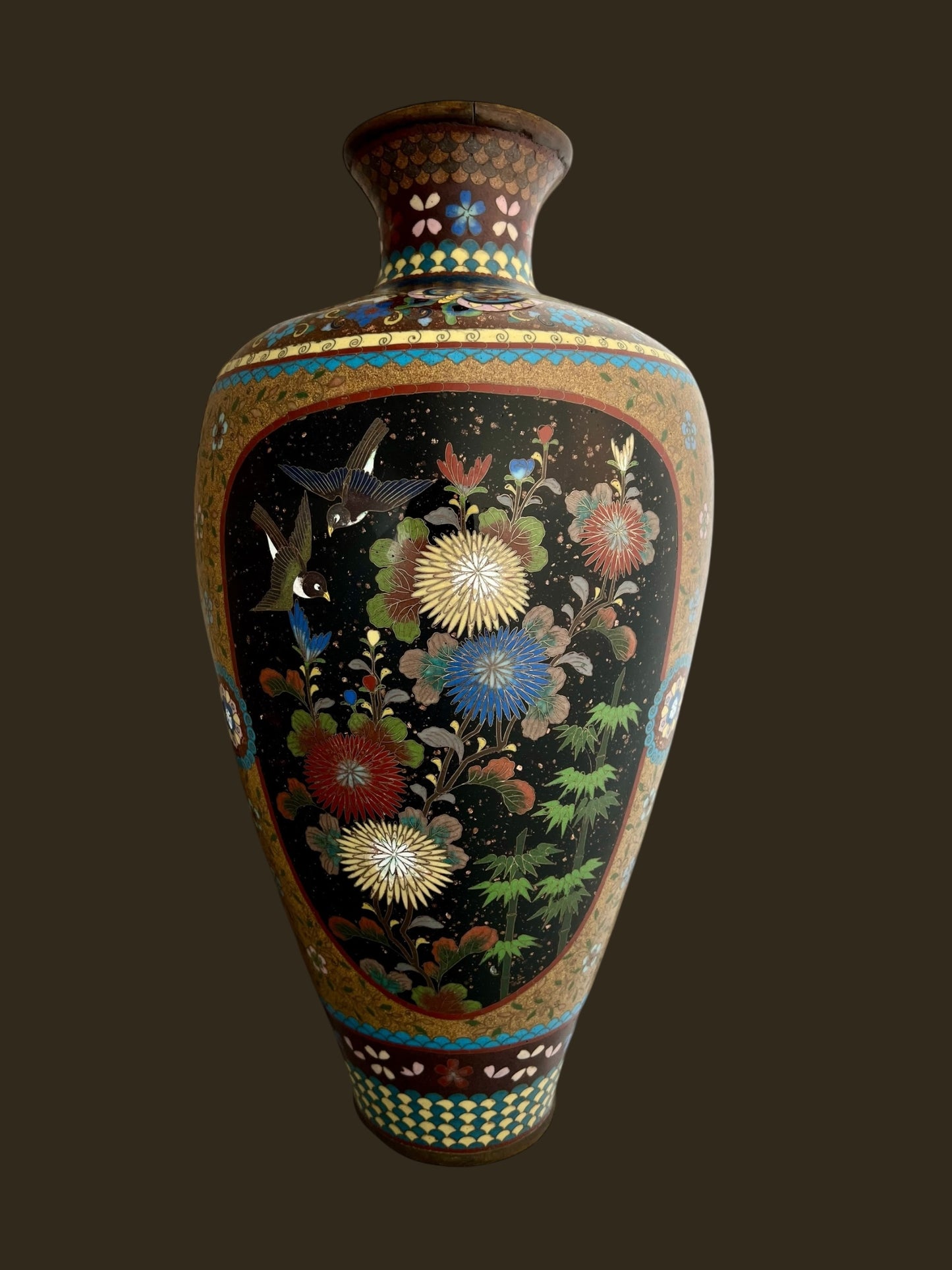 Important Pair of 2 Antique Cloisonné Vases, 50 cm