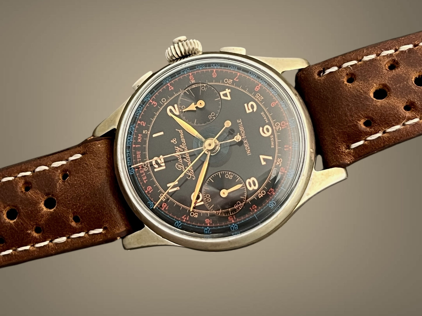 fine and rare Dubey & Schaldenbrand “Index Mobile” Vintage Split-Seconds (Rattrapante) Chronograph – 34 mm, Black Gilt Dial, Case No. 2211