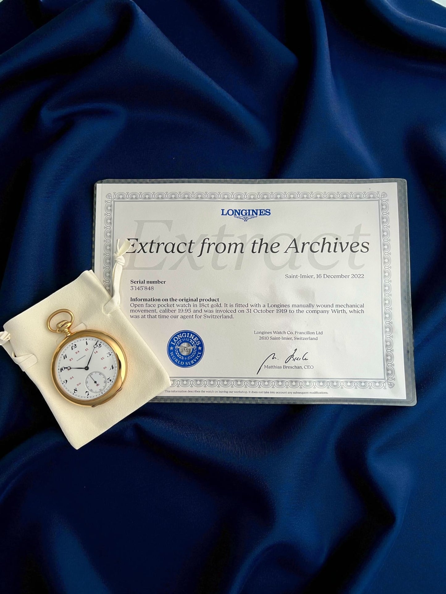 Longines Massive 18k Gold Pocket Watch 1919' Archives Extract