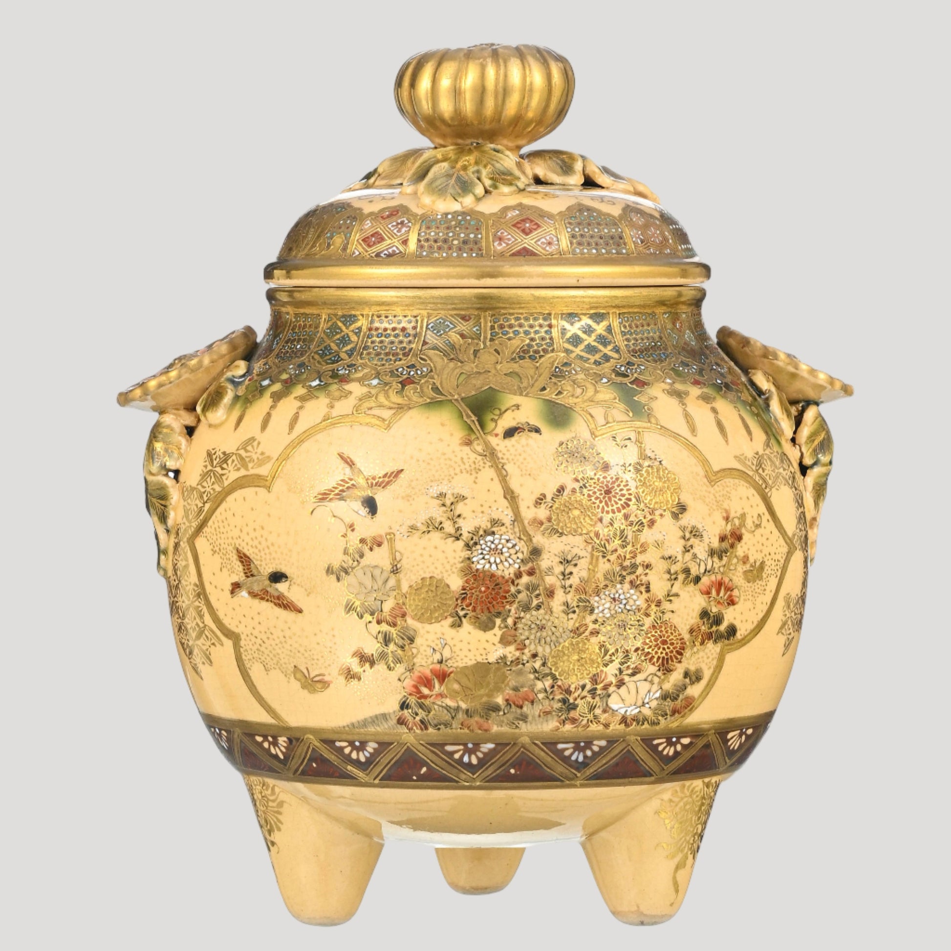 Satsuma stoneware tripod candy dish, Japan, 20th century