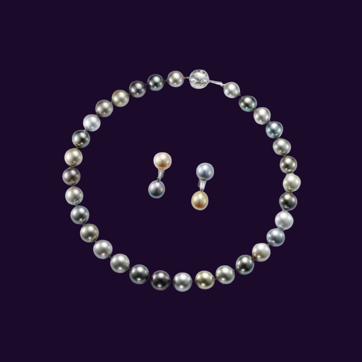 Set of Diamond & Grey cultivated Pearl Necklace Collier & Fitted Pearl Earrings